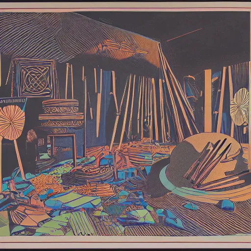 Image similar to a photographic three color screen print of an exhibition room with an arrangement of elements, anthropological conceptual object, tribalism, animism, grain, shades