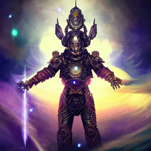 Image similar to photorealistic fantasy cosmic concept art of a cosmic god with armor made out of planets and dark matter, hovering in a unknown galaxy, fully body portrait, cinematic, dynamic lighting, ultra detailed, creative, trending on art station, creative