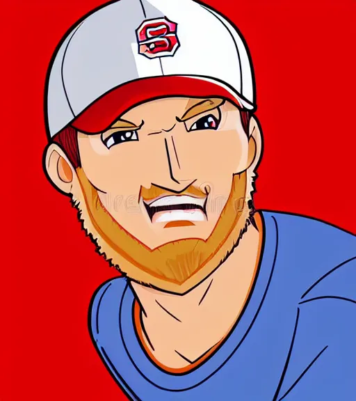 Prompt: tall white guy with short blonde beard wearing a nc state red baseball cap and red shirt full color digital illustration in the style of don bluth, artgerm, artstation trending, 4 k