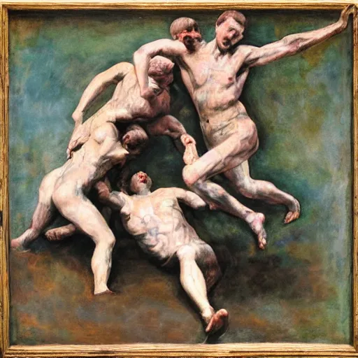 Image similar to 3 drunks fall over mud - wrestling,, oil painted ( ( ( ( ( ( by rodin ) ) ) ) ) )