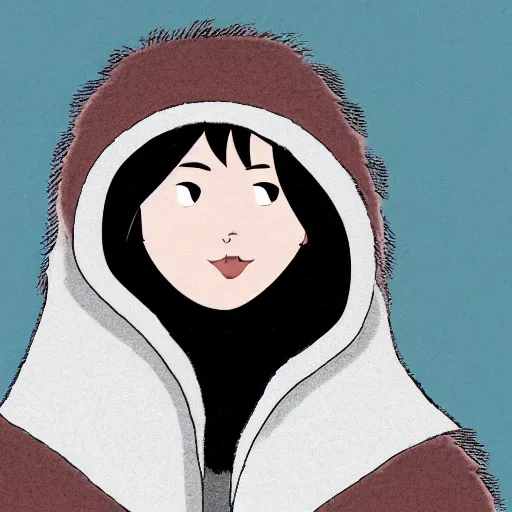 Prompt: a young woman in a fur coat with the hood above her head trying to cover her from the cold icy surrounding, in the style of alberto mielgo, arcane, award winning animated movie,