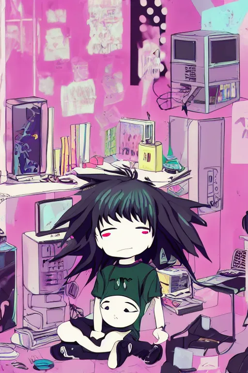 Image similar to goth chibi anime goth guy sitting on the floor of a cluttered 9 0 s bedroom, vaporwave colors, lo - fi, concept art, smooth, detailed, toon shading, cel shading, animation, 4 k, hd,