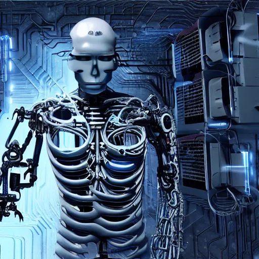 Prompt: the torso of fully a mechanical terminator man with borg implants, human face and robotic snakes coming out of his head is hanging from cables and wires off the ceiling of an futuristic computer lab and plugged into a quantum computer. His bottom half is missing with cables hanging out. resonance glowing red and white fractals, black dark background. curly blond hair pale skin. very detailed 8k. Cyberpunk horror style.