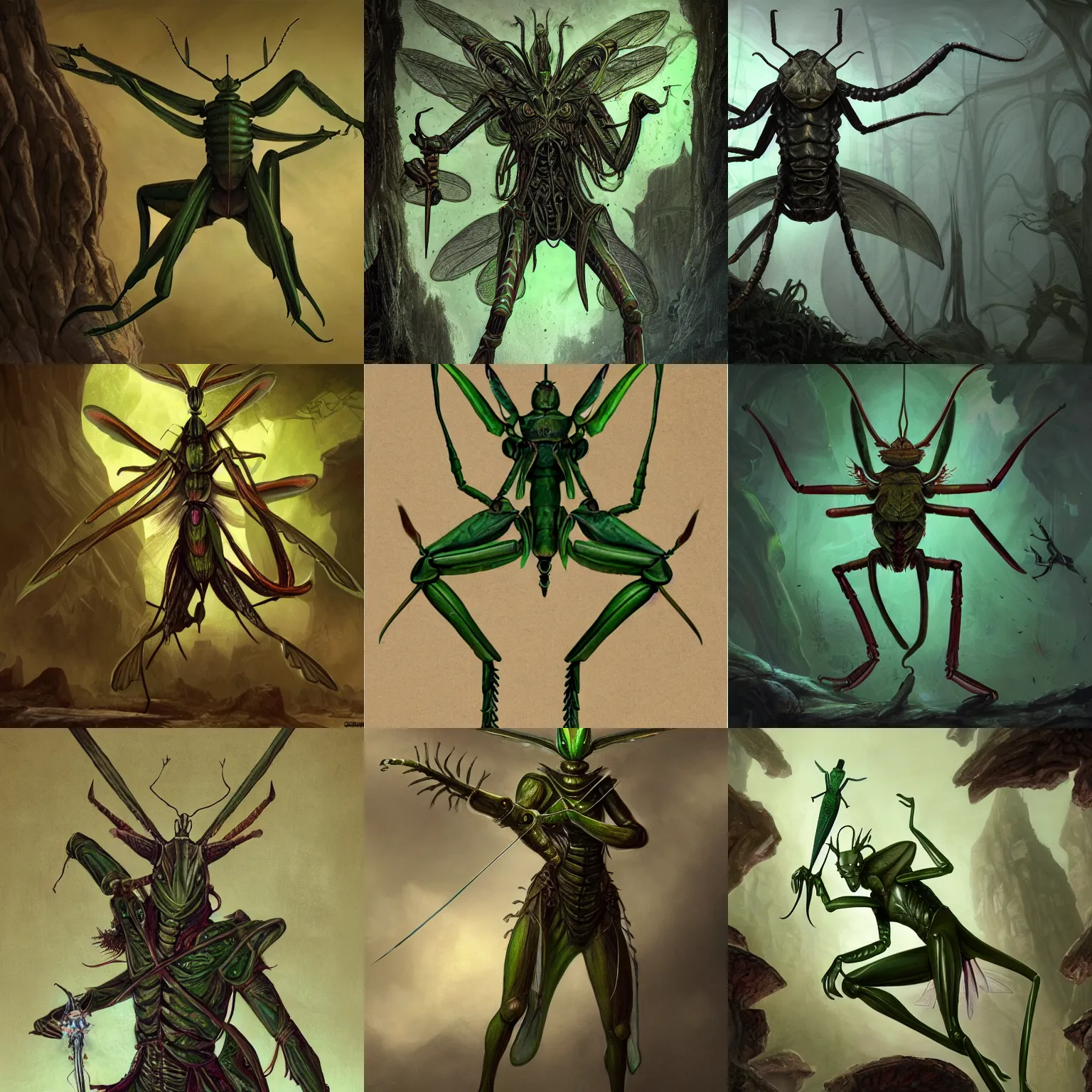 Prompt: full shot of green human - sized mantis religiosa as a d & d rogue holding a magic dagger ; 6 legs ; hestiastula head with antennae ; mantid features ; medieval ; elegant ; design ; fantasy drawing ; illustration ; artstation ; 8 k ; wallpapers ; heavy contrast ; cinematic art ; cgsociety ; art by greg rutkowski and thomas