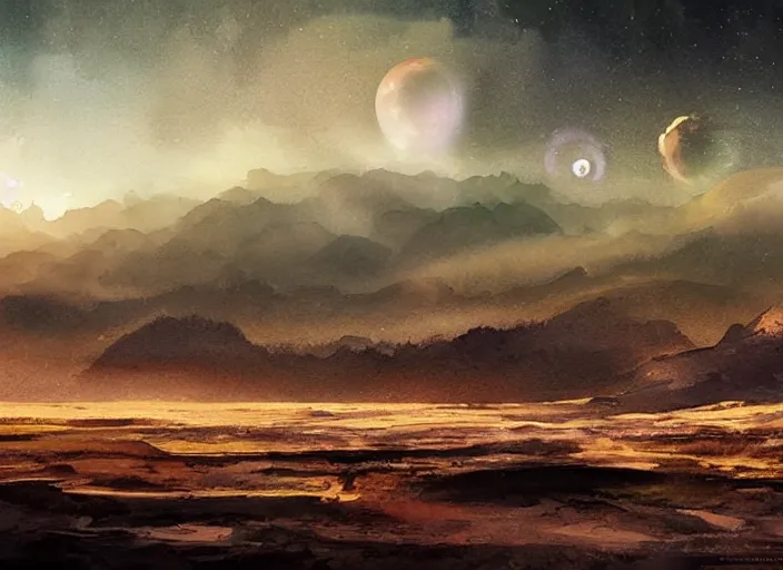 Image similar to beautiful watercolour landscape, wide vista. a barren alien world. dramatic lighting. starscape. science fiction art. painterly. digital painting. dramatic