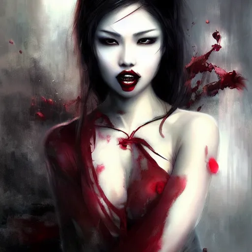 Image similar to beautiful asian vampire woman, paint by Raymond Swanland