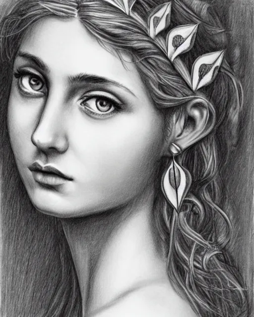 Image similar to pencil drawing of a beautiful greek goddess aphrodite wearing a laurel wreath and arrowhead earrings, beautiful confident eyes, beautiful flowing hair, hyper realistic face, in the style of artgerm, fantasy, amazing detail, epic, elegant, smooth, sharp focus, from the front, long shot