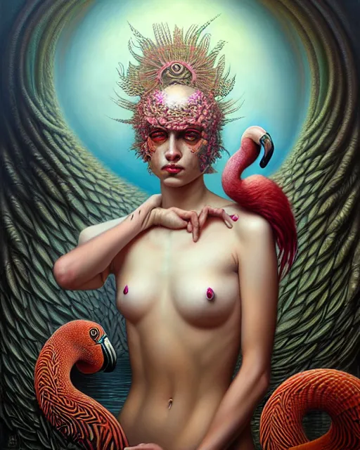 Image similar to a detailed portrait of dreampunk flamingo python hybrid mix goddess by tomasz alen kopera and peter mohrbacher