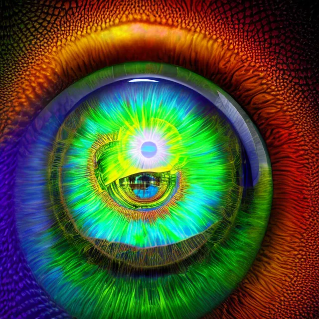 Prompt: macro photo eye with big colorful fractal iris in glass sphere ,symmetric ,detailed, unreal engine