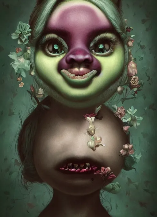 Image similar to pop surrealism, lowbrow art, realistic shrek painting, japanese street fashion, hyper realism, muted colours, rococo, natalie shau, loreta lux, tom bagshaw, mark ryden, trevor brown style,