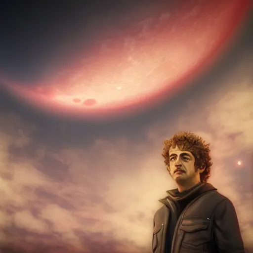 Image similar to gustavo cerati looking at the red moon in the universe, universe, stars, digital art, render unreal engine, highly detailed face, asymmetrical