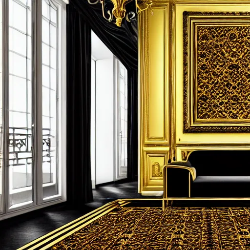 Image similar to parisian interior, dark walls, gold accents, interior design, thick carpet, hyperrealistic, hyperdetailed, super detailed, uhd, uhd, 8 k, high resolution,