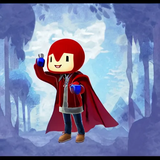 Prompt: A wizard, red hood, glowing blue eyes, Animal Crossing