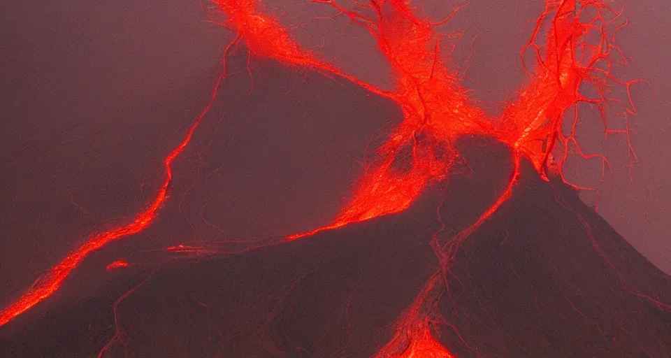 Image similar to a volcano made of ivory vines and crimson rocks enters in eruption, it spits a smoke in the shape of demonic eye, by Steve Argyle