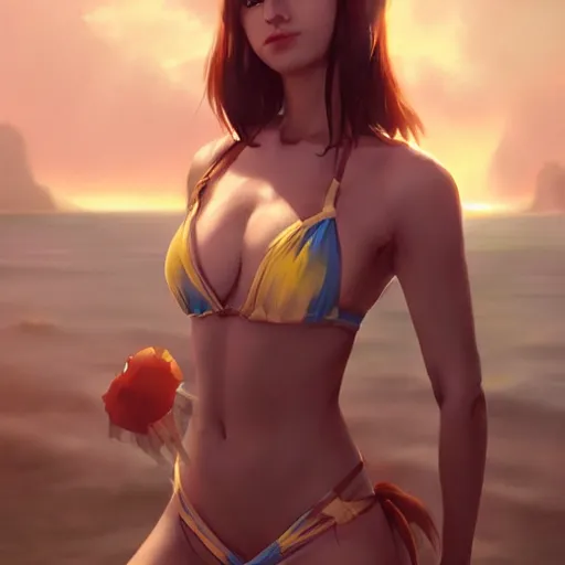 Image similar to kodak portra. by wlop, ilya kuvshinov, krenz cushart, greg rutkowski, trending on pixiv. zbrush sculpt, octane, maya, houdini, vfx. cute amazon woman wearing bikini armor. digital painting. cinematic dramatic atmosphere, sharp focus, volumetric lighting.