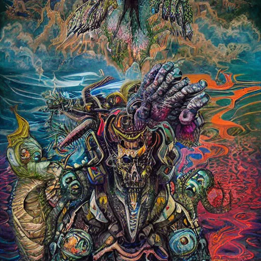 Image similar to a high hyperdetailed painting of the war between the monsters of reason vs the monsters of imagination, the merging of determined and undetermined worlds horror and spiritual fantasy creatures, as dichotomies are broken in search of elevation psychedelic surreal magical dystopian technological utopian psycho spiritual art, anarchist art chaotic fulcolor