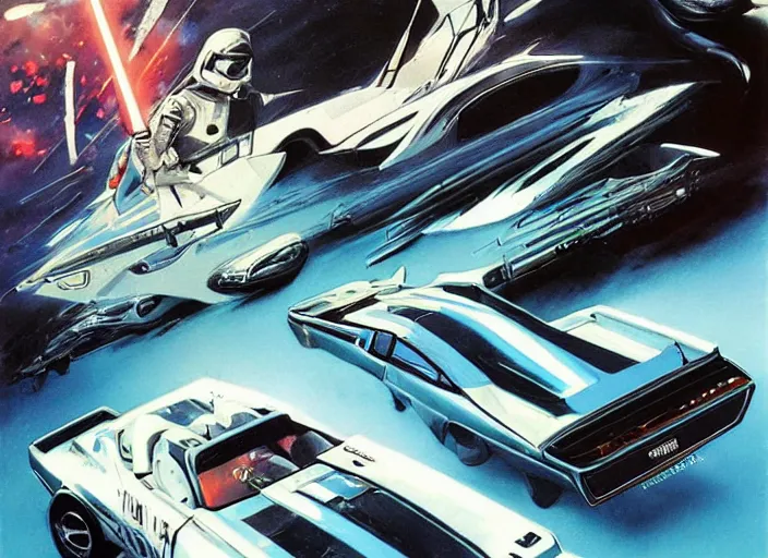 Prompt: ( ( ( ( ( 1 9 8 2 pontiac trans am, car concept art, sci - fi illustration, painting, in the style of star wars and speed racer ) ) ) ) ) by vincent di fate and john berkey and knight rider!!!!!!!