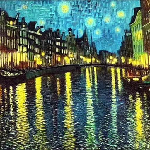 Image similar to amsterdam by night, oil on canvas by Van gogh