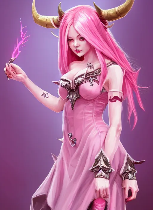 Image similar to a highly detailed illustration of cute pink haired pale demon girl with horns wearing big pink dress, dramatic smile pose, intricate, elegant, highly detailed, centered, digital painting, artstation, concept art, smooth, sharp focus, league of legends concept art, wlop.