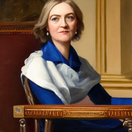 Image similar to official close - up portrait of liz truss in racoon city, alexandria ocasio - cortez, resolute desk, 1 8 4 8, oil on canvas by william sidney mount, trending on artstation, national archives,