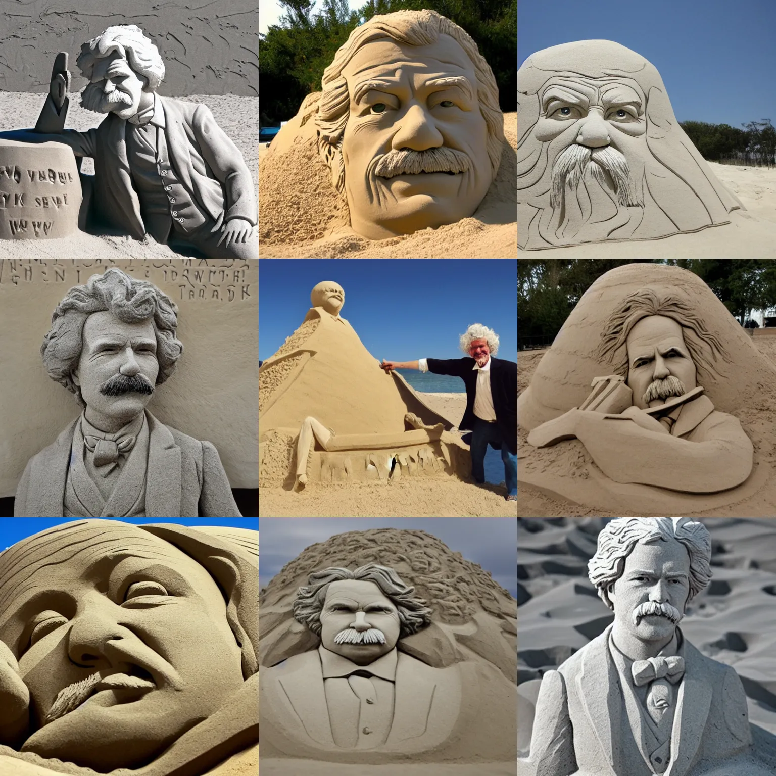 Prompt: Mark Twain, sand sculpture