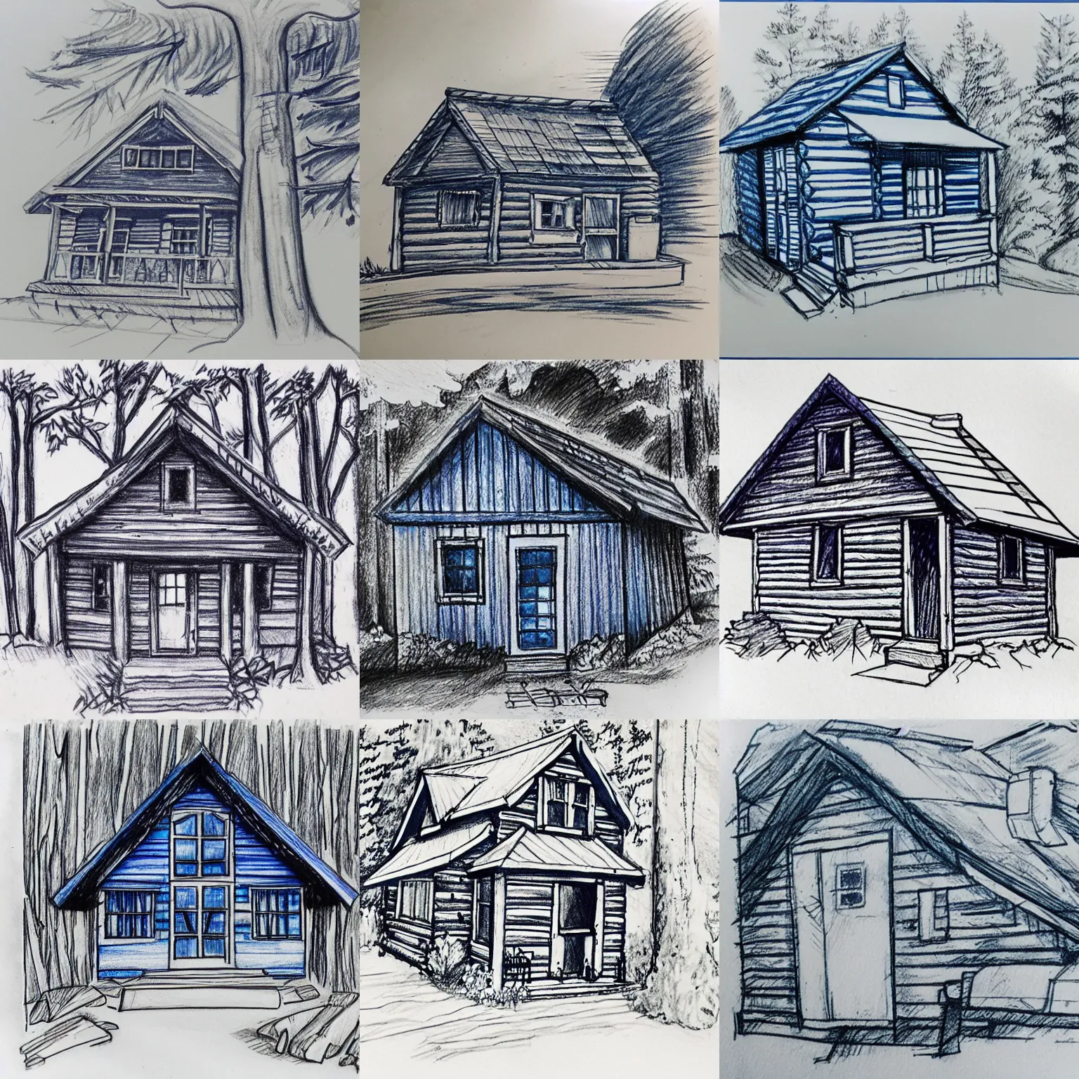 Prompt: a blue pen sketch of a cabin in the woods