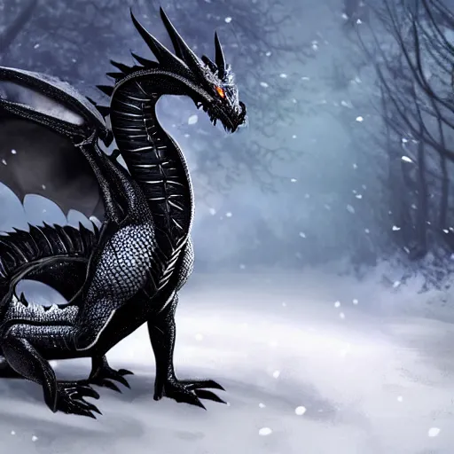 Image similar to handsome cute black dragon in snowy forest, dnd character, background focus, fantasy, magic, realistic