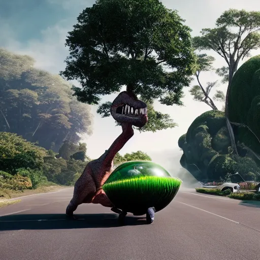 Prompt: a spherical car driving down the road with a tyrannosaurus rex and humans dancing in the background, smoky, green hills, many interstellar plants, futuristic concept design, airy landscape, high detail rendering by octane, unreal engine, 8 k, cinematic grade.