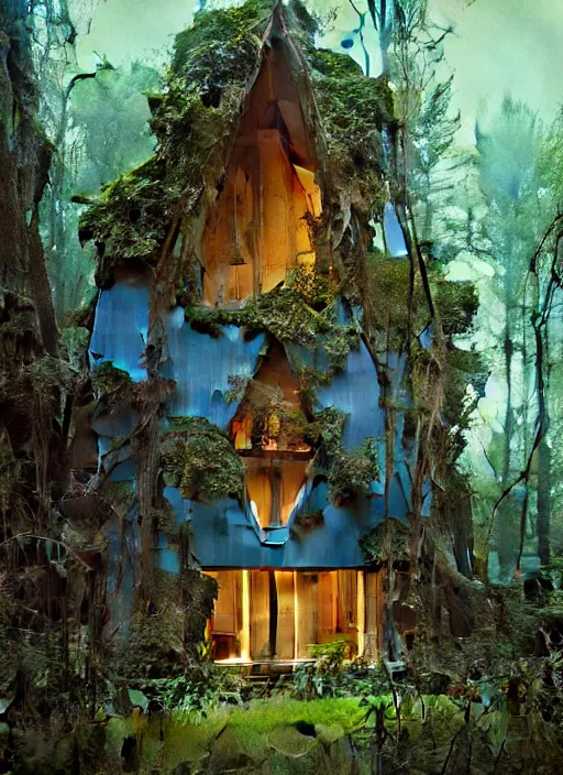 Image similar to hyper realistic witchy modern house with mood lighting and technology in the woods gorgeous lighting, blue sky, highly detailed, lush forest foliage painting by zdzisław beksinski and norman rockwell and greg rutkowski weta studio, and lucasfilm