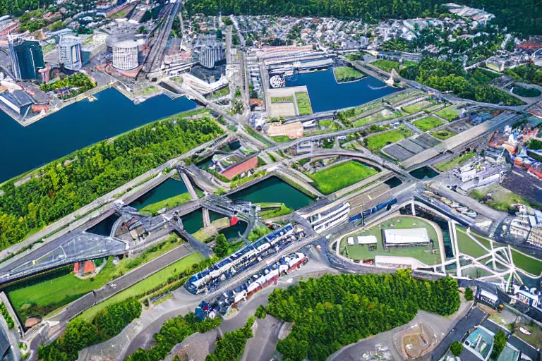 Image similar to bird's eye view photography of a small city. town hall, central farm, monorail station, inlet and shipping dock. hills, woods and pond to the north.