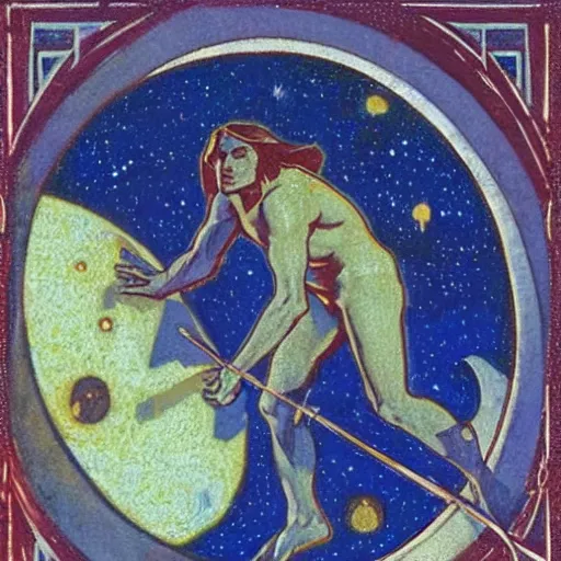 Image similar to illustration of the man in the moon, by nicholas roerich and donato giancola and dulac, sharp focus, very detailed, starry sky, geometric ornament, dramatic lighting