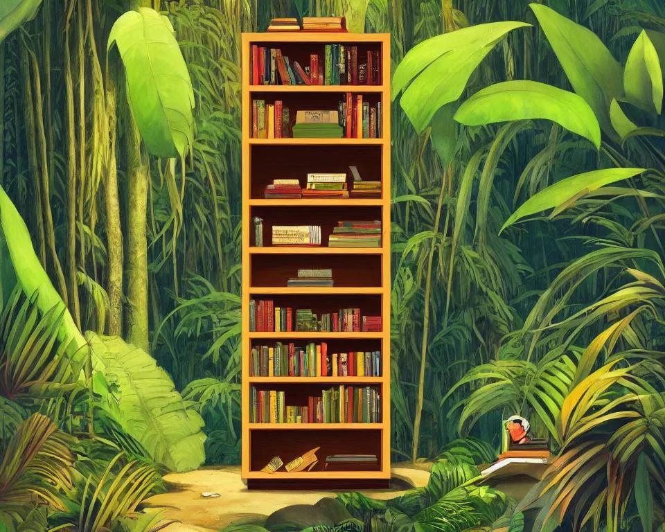 Prompt: one small bookshelf in the rainforest, featuring gavels, by hopper. hyperdetailed, proportional, romantic, enchanting, achingly beautiful, graphic print, trending on artstation, jungle, tropical, foliage