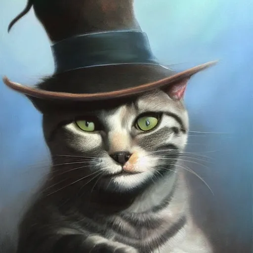 Image similar to an ultra - realistic portrait painting of the cat in the hat in the style of frank frazetta. 4 k. ultra - realistic. highly detailed. dark fantasy. epic lighting.