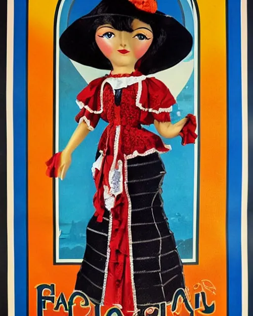 Image similar to an advertising poster of a flamenco gipsy marin doll, retro style of andalusian fair poster