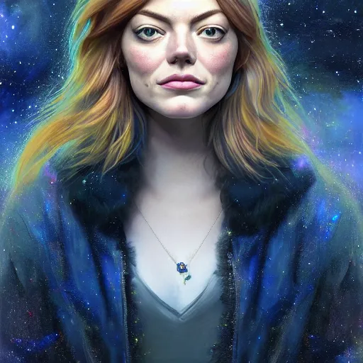 Image similar to cosmic lion portrait of emma stone, hyper detailed, digital art, trending in artstation, cinematic lighting, studio quality, smooth render, unreal engine 5 rendered, octane rendered, art style by klimt and nixeu and ian sprigger and wlop and krenz cushart.