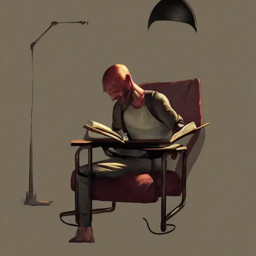 Image similar to mordin solus on chair reads book, light stubble, digital art, photorealistoc, art by greg rutkowski, hyperdetailed, western comic style, comic, comic style, sharp lineart, professional lighting, deviantart, artstation, trevor henderson, rossdtaws, cinematic, dramatic