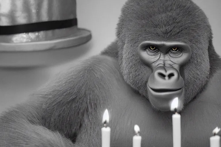 Prompt: closeup of a friendly happy oversized gorilla in a party hat, celebrating with birthday candles on a birthday cake, glowing with silver light, monochrome film still, today's featured photograph, 1 6 k, character design, set design