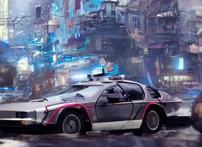 Image similar to a cyberpunk delorean breaking the space - time continuum, energy and time particles, dramatic framing, movie footage, 8 k