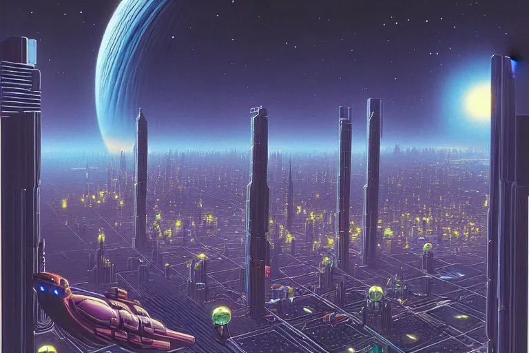 Image similar to a scifi illustration, Night City on Coruscant by david a hardy