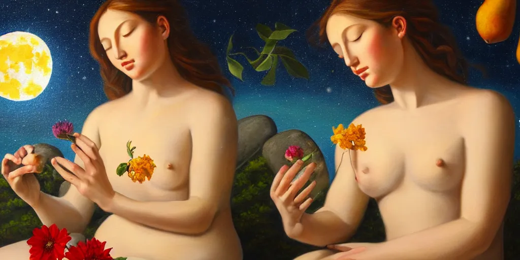 Prompt: very realistic beautiful painting of a goddess holding flowers and levitating a pear, sun on the left moon on the right as she is sitting on a rock at night time, realistic 8K HD