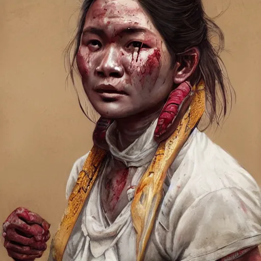 Image similar to portrait painting of a bloodied nepali female butcher from behinf, ultra realistic, concept art, intricate details, eerie, highly detailed, photorealistic, octane render, 8 k, unreal engine. art by artgerm and greg rutkowski and alphonse mucha
