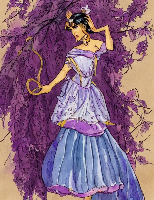 Prompt: middle eastern princess of the wisteria springs, wearing a lolita dress. this heavily stylized watercolor painting by an indie comic artist has an interesting color scheme, plenty of details and impeccable lighting.