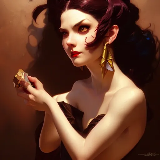 Prompt: Jinx of League of Legends, dark fantasy, medium shot, intricate, elegant, highly detailed, digital painting, volumetric light, artstation, concept art, smooth, sharp focus, illustration, art by Gil Elvgren and Greg Rutkowski and Alphonse Mucha