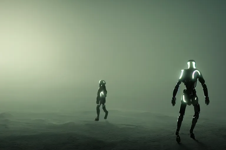 Image similar to a humanoid wearing sleek but simple body armor with glowing parts and cloth walks towards a technological outpost on a vast alien landscape, dramatic lighting, light fog, 8 k cg render, trending on artstation