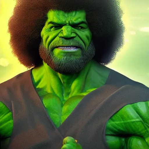 Prompt: photomanipulation of BOB ROSS as hulk with human flesh, marvel, fully detailed, volumetric lightening, octane render