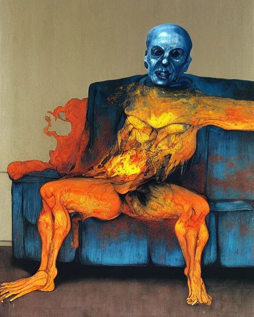 Prompt: thick flowing expressive acrylic painting of an old dead figure sitting on a couch in an old apartment watching the dog on fire,  Beksinski painting, part by Francisco Goya and Gerhard Rich⁷⁷ter. art by James Jean, Francis Bacon masterpiece