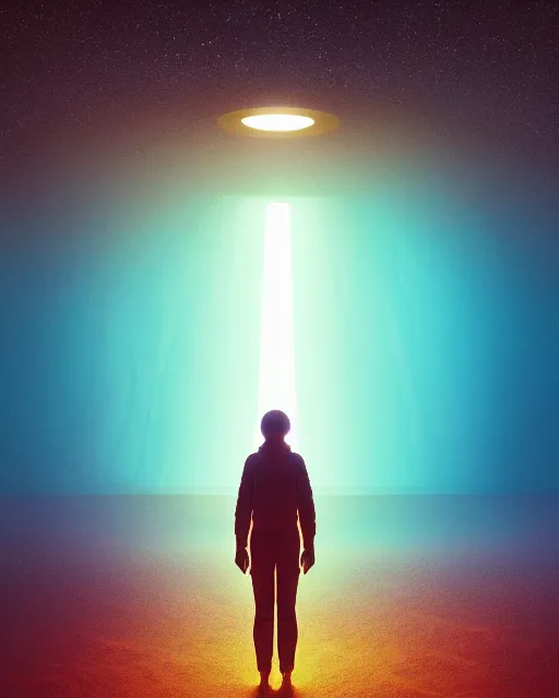 Image similar to a person standing in front of a glowy open door that's on a barren planet, poster art by mike winkelmann, trending on cg society, space art, sci - fi, ue 5, futuristic, volumetric lighting