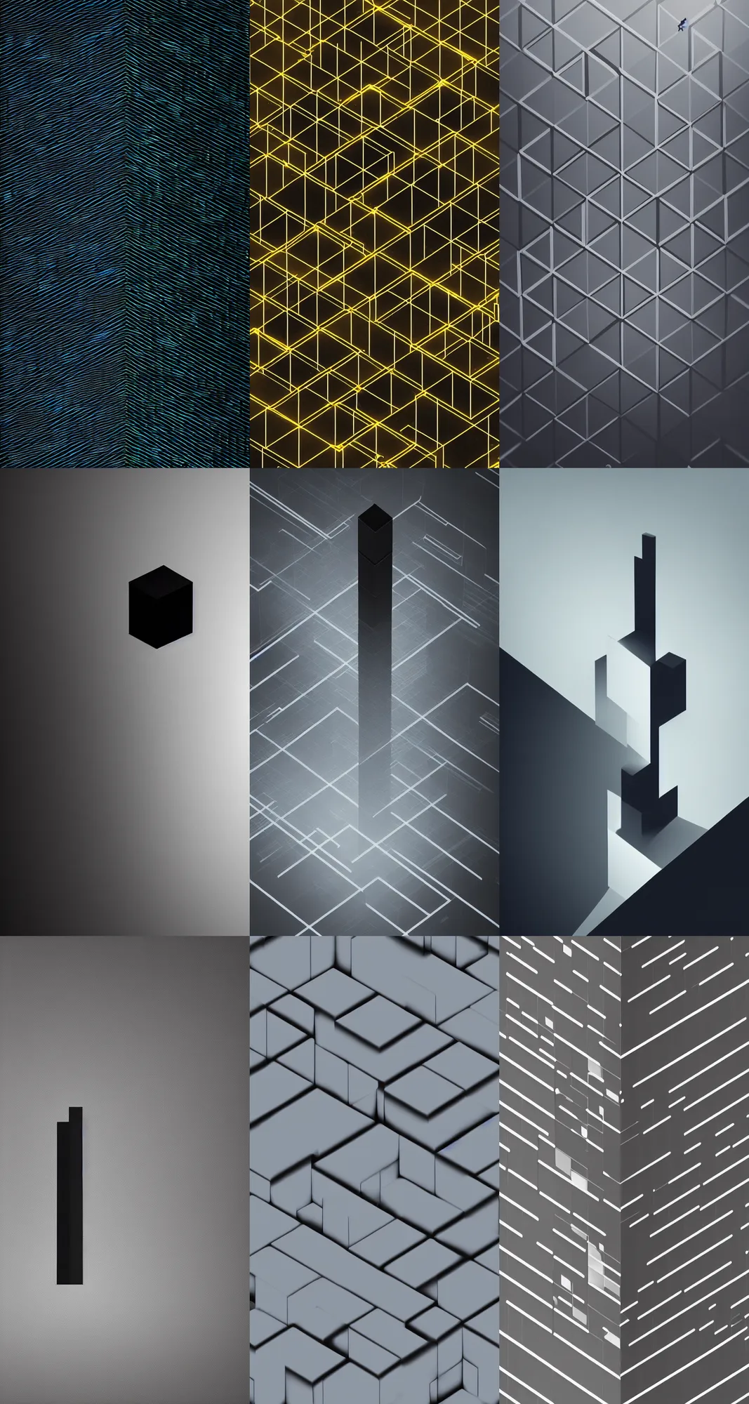 Prompt: a crisp minimal abstract wallpaper of a cube - like tower building with tiny people in it, simplistic, dark black background, oled, desktop background, behance, artstation, deviantart, global illumination, ray tracing