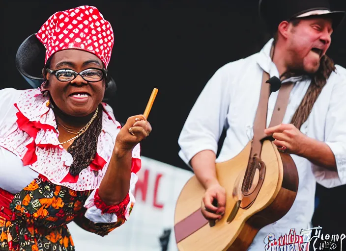 Image similar to photo still of aunt jemima in period attire at vans warped tour!!!!!!!! at age 4 0 years old 4 0 years of age!!!!!!! on stage throwing pancakes to the crowd, 8 k, 8 5 mm f 1. 8, studio lighting, rim light, right side key light