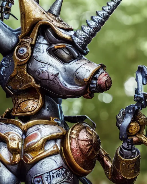 Image similar to highly detailed closeup of a tin toy unicorn in a fairytale forest, depth of field, fashion photoshoot by hyung tae, frank frazetta, bosch, giger, breathtaking, detailed and intricate environment, 8 k resolution, hyperrealistic, octane render
